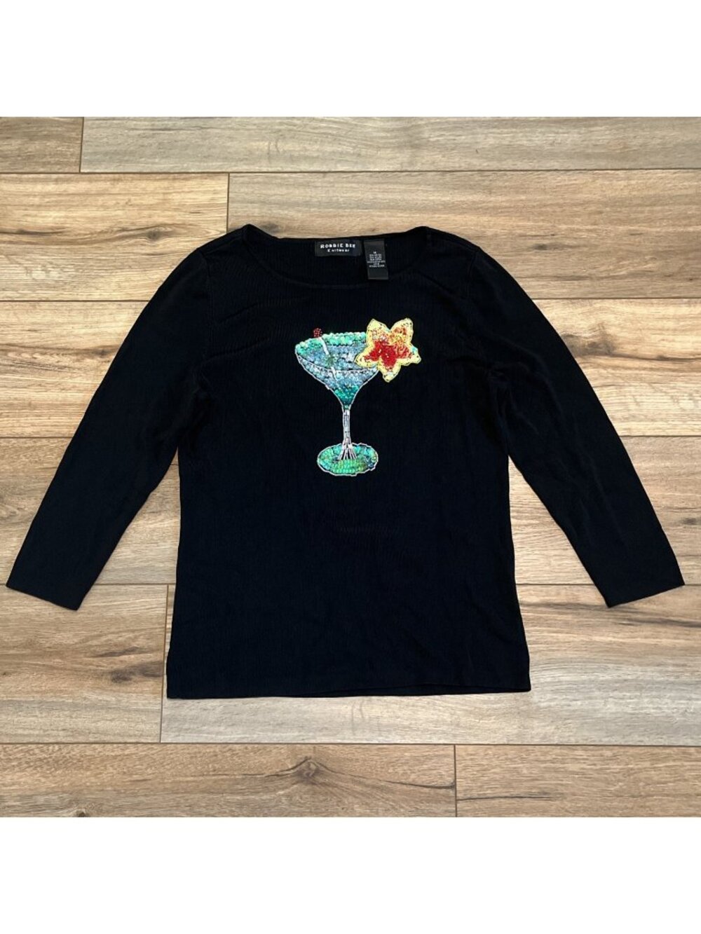 Robbie Bee Cocktail Top MEDIUM Black Stretch Beaded Sequin Tropical Drink y2k